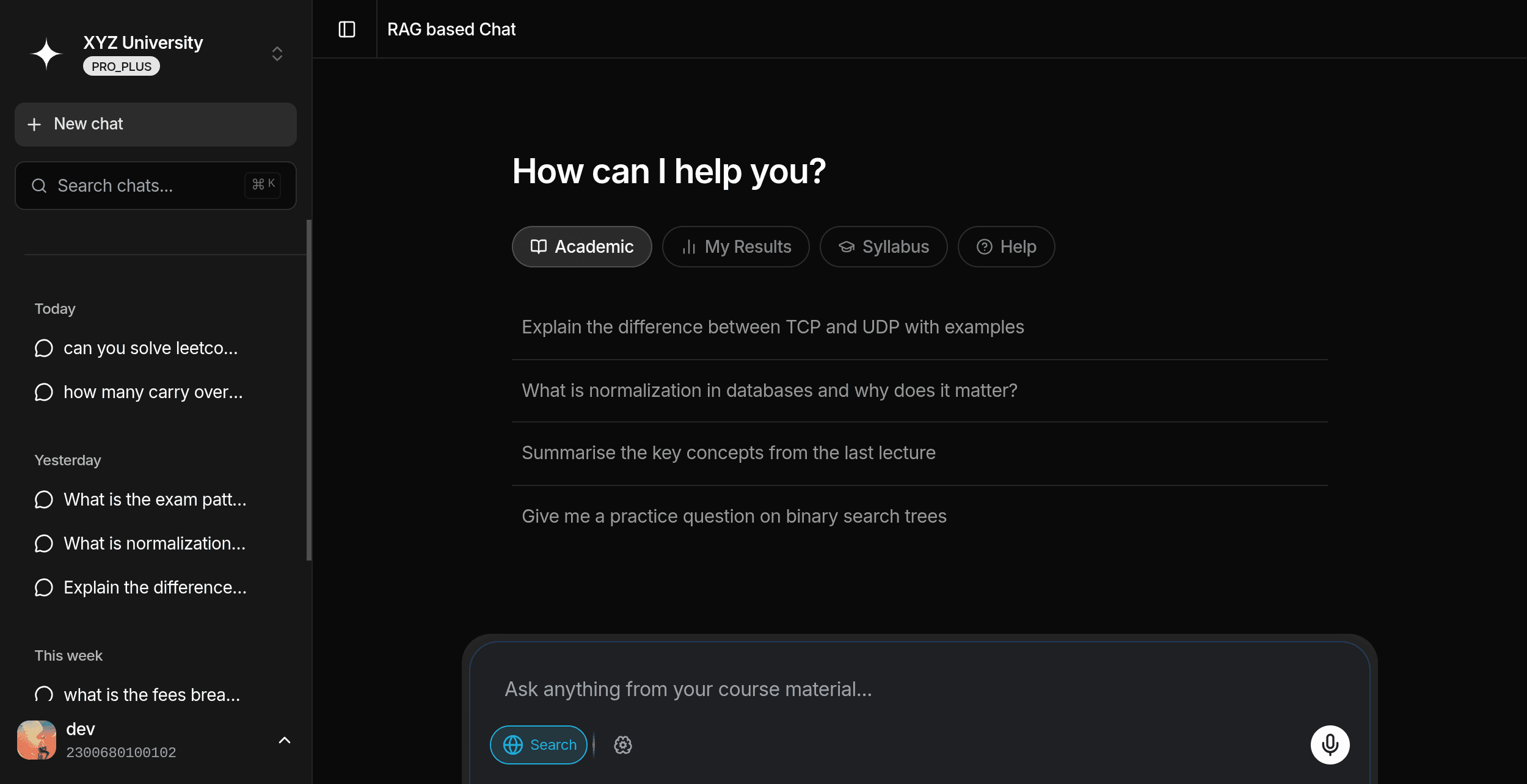 Desktop view of Singularity chat interface with full sidebar and message panel